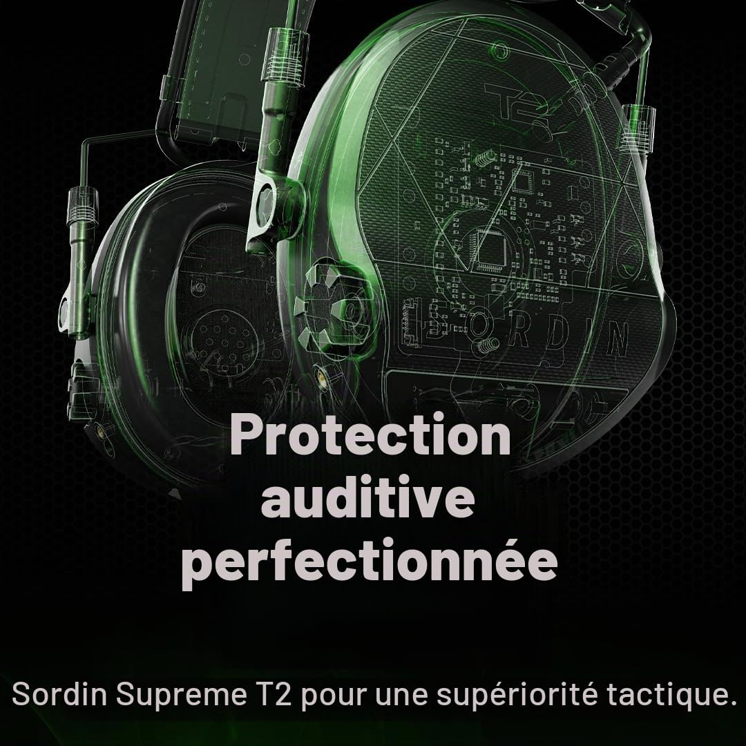 Sordin Casque antibruit T2 - Casque antibruit conforme aux normes militaires avec bandeau en cuir - actif et électronique