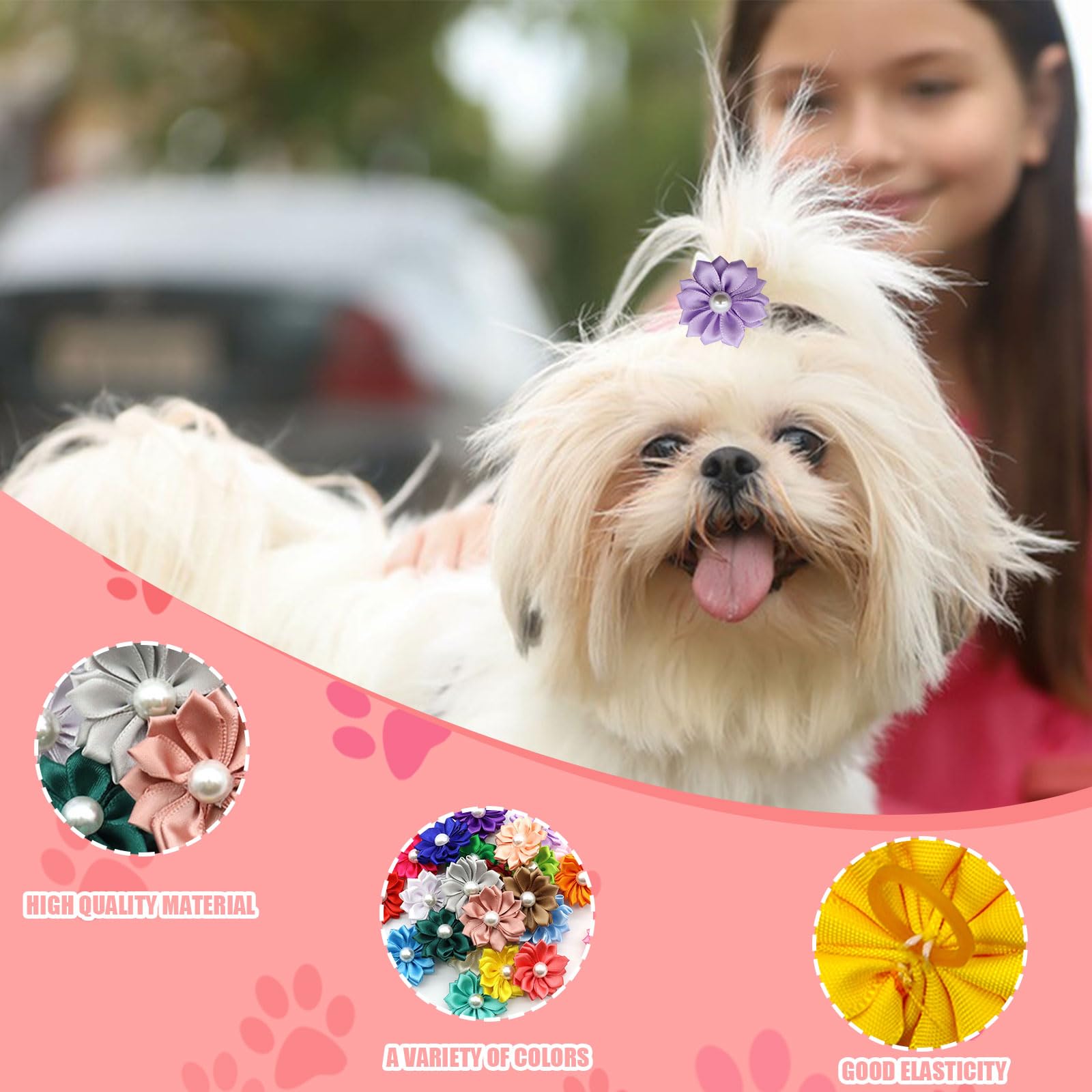 Dog Hair Bands, 23 Pcs Multicolor Flower Pearls Dog Hair Bows with Elastic Rubber Bands - Image 4