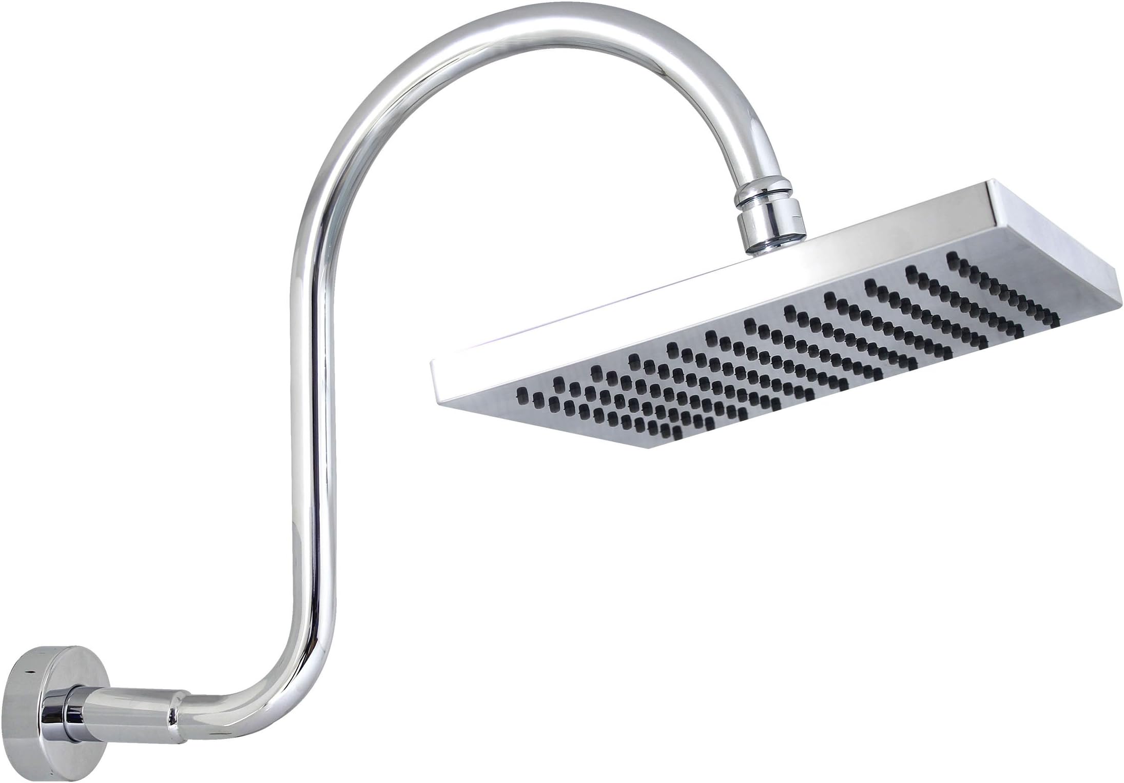8” Square Rain Shower Head and “S” Gooseneck Shower Arm with Flange – Polished Chrome - 5 Year Warrenty