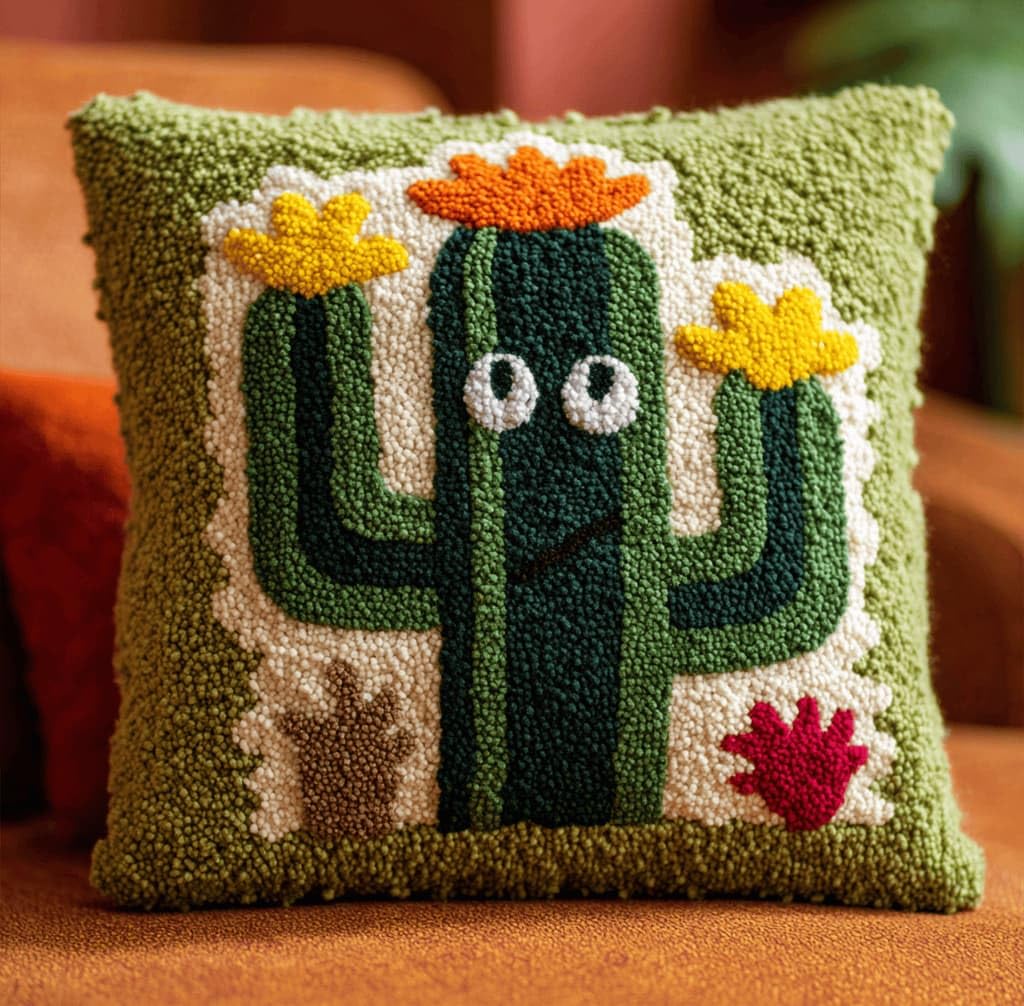 Kitquiver Decor Latch Hook Cushion Kit,Cactus DIY Pillow Cover 43X43Cm