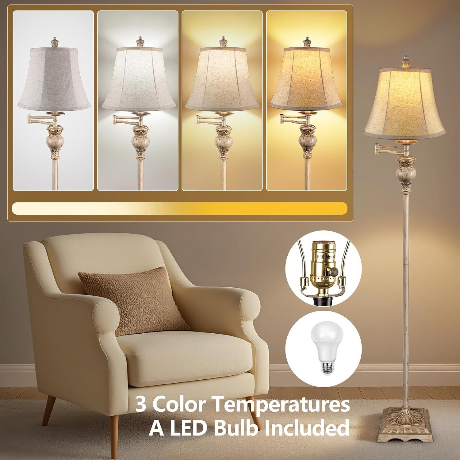 PARTPHONER Vintage Floor Lamps for Living Room,Traditional 350° Adjustable Swing Arm Farmhouse Floor Lamp for Bedroom, Rustic Standing Lamp Pole Lamps for Reading, Home Décor and Office, White