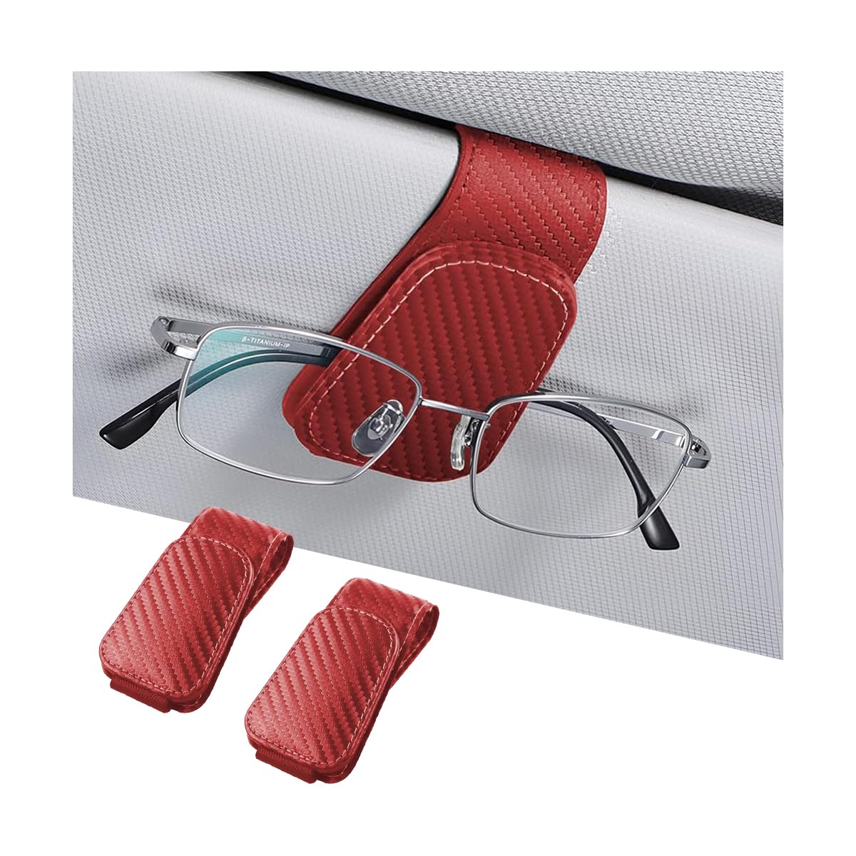 AICEL 2PCS Sunglasses Holders for Car Sun Visor, Carbon Fiber, Red