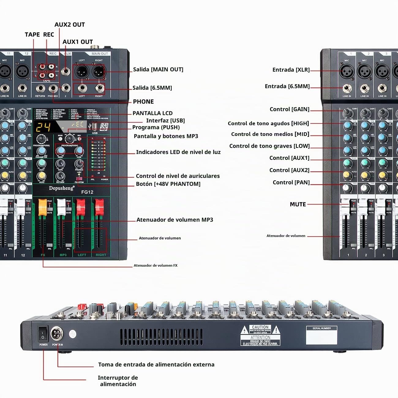 Depusheng FG12 Mezclador de audio profesional de 12 canales para la interfaz de sonido de grabación de computadora, interfaz de controlador de sonido, incorporado 24 DSP Effect con 48V Phantom Power