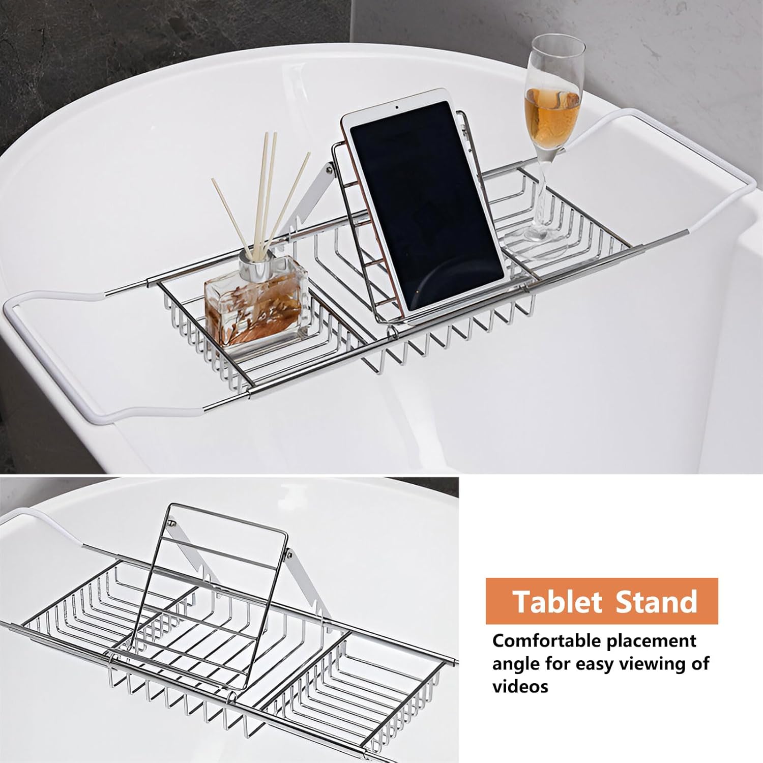 AIZYR Extendable Bath Caddy Tray Stainless Steel Bathroom Tray, Bathtub Tray Adjustable Tub Rack Bathroom Accessories for Tablet Or Cell Phone,Rose Gold