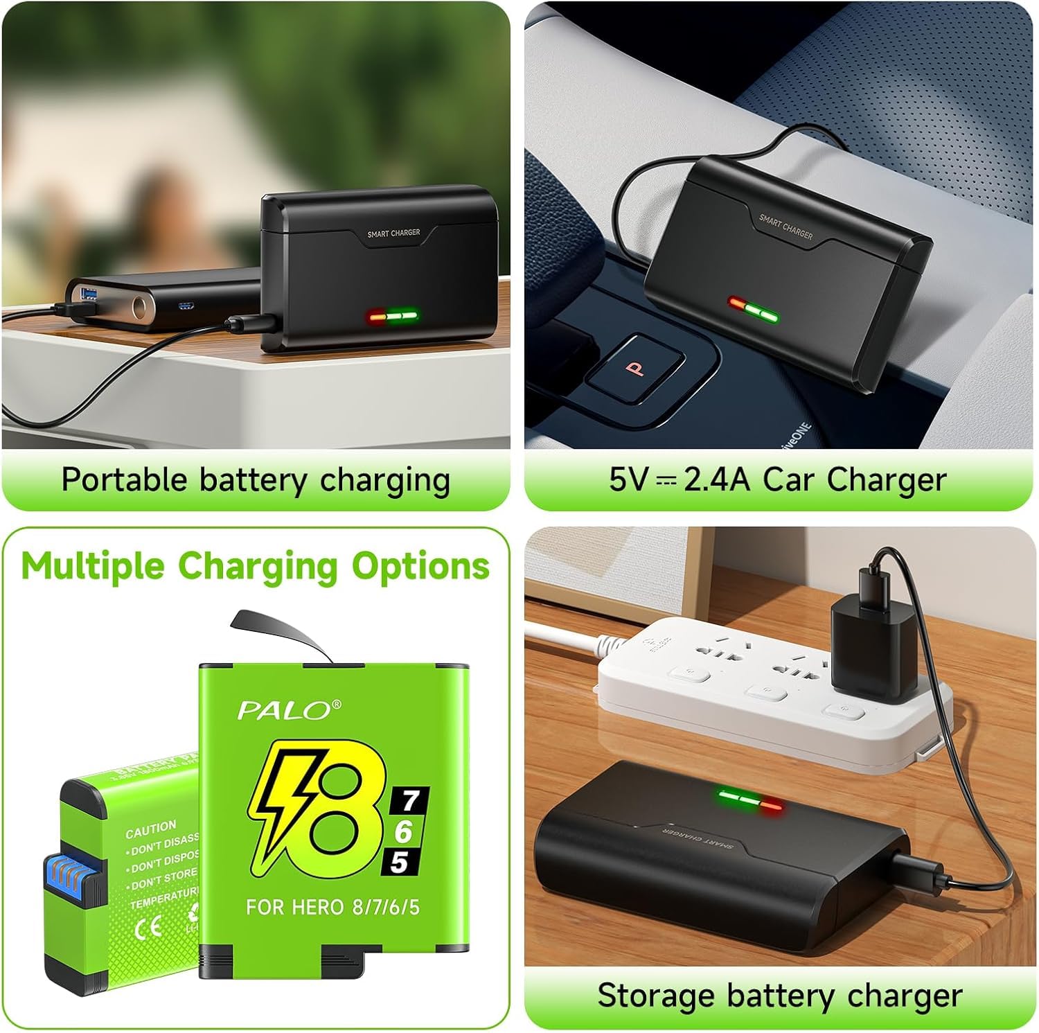 Lot de 3 batteries pour Go-pro Hero 8/7/6/5 et chargeur pour Go Hero 12/11/10/9/8/7/6/5 - Chargeur de batterie avec accessoires de batterie, charge rapide, basse température