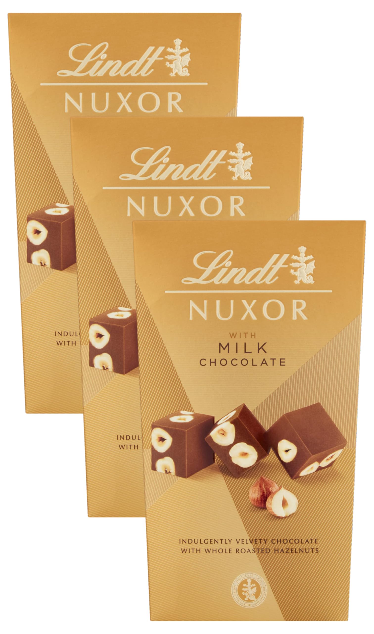 Lindt Nuxor Rich Gianduja Milk Chocolate Ganache With Whole Roasted Hazelnuts Box, 165g - Gift Present or Sharing Box - Father's Day, Birthday, Celebrations, Congratulations, Thank you (Pack of 3)
