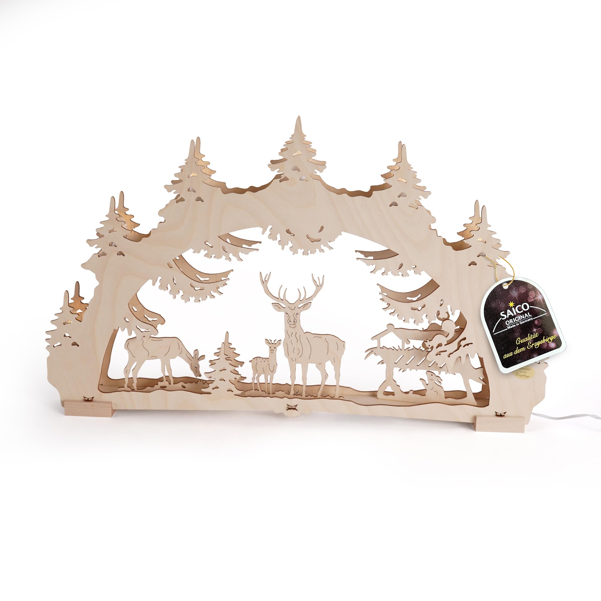 Saico - LED Schwibbogen „Waldlichtung“ Erzgebirge - Lichterbogen mit Timerfunktion - winterliches Design mit Rehen & Hase - ideal als Weihnachtsdeko, Holzkunst aus dem Erzgebirge - Made in Germany