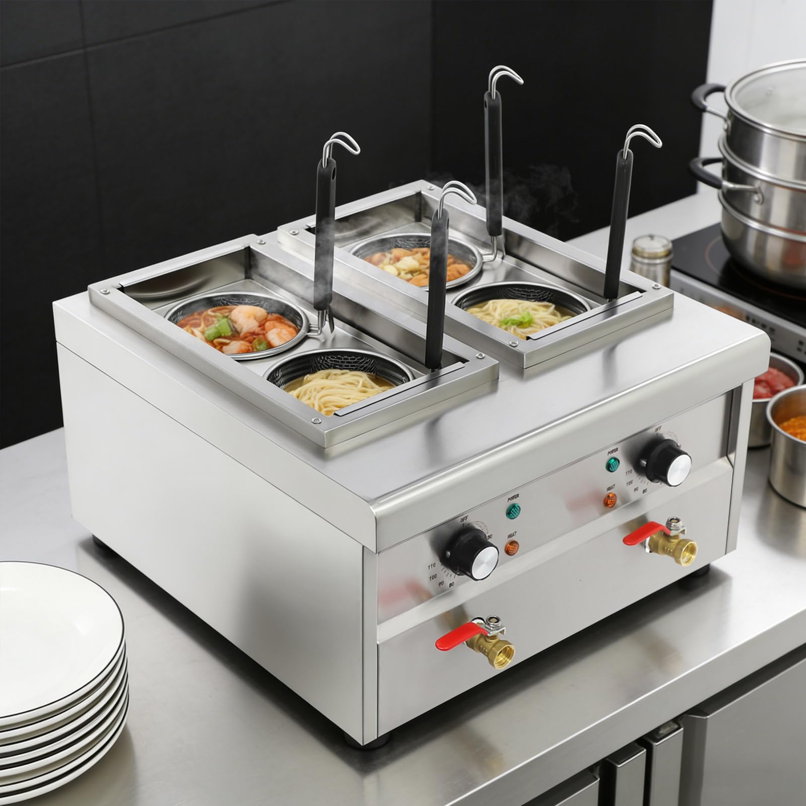 Fornello elettrico professionale commerciale da 2200 W, fornello elettrico in acciaio inox 9 l, controllo della temperatura da 30 a 110 °C, con 4 cesti per pasta e 2 coperchi, adatto per cucinare vari