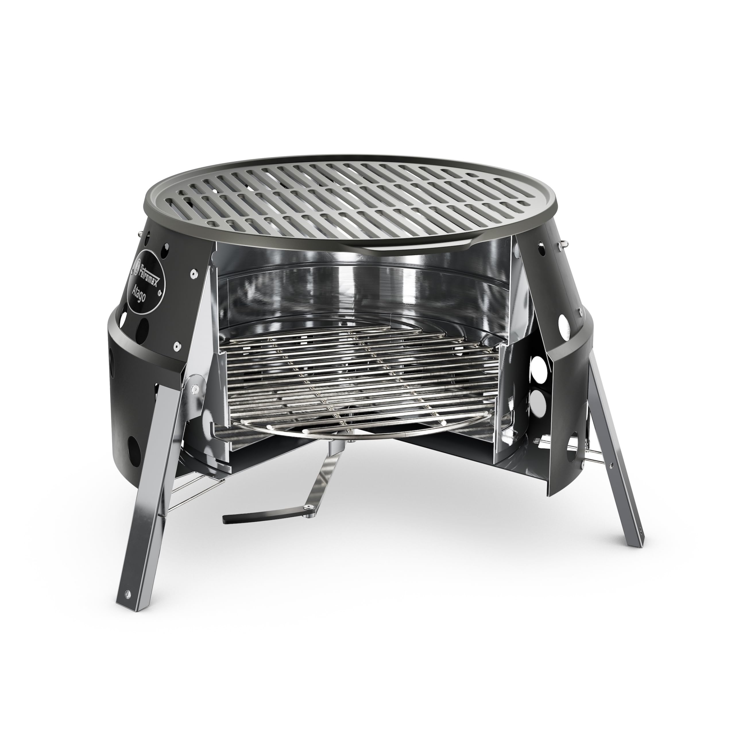 Petromax Atago Black Edition – 4-in-1 Mobiler Grill, Feuerschale, Ofen & Herd | In 2 Sek. einsatzbereit | Inkl. emailliertem Gussgrillrost | Klappbar & Ultramobil | Mattschwarz