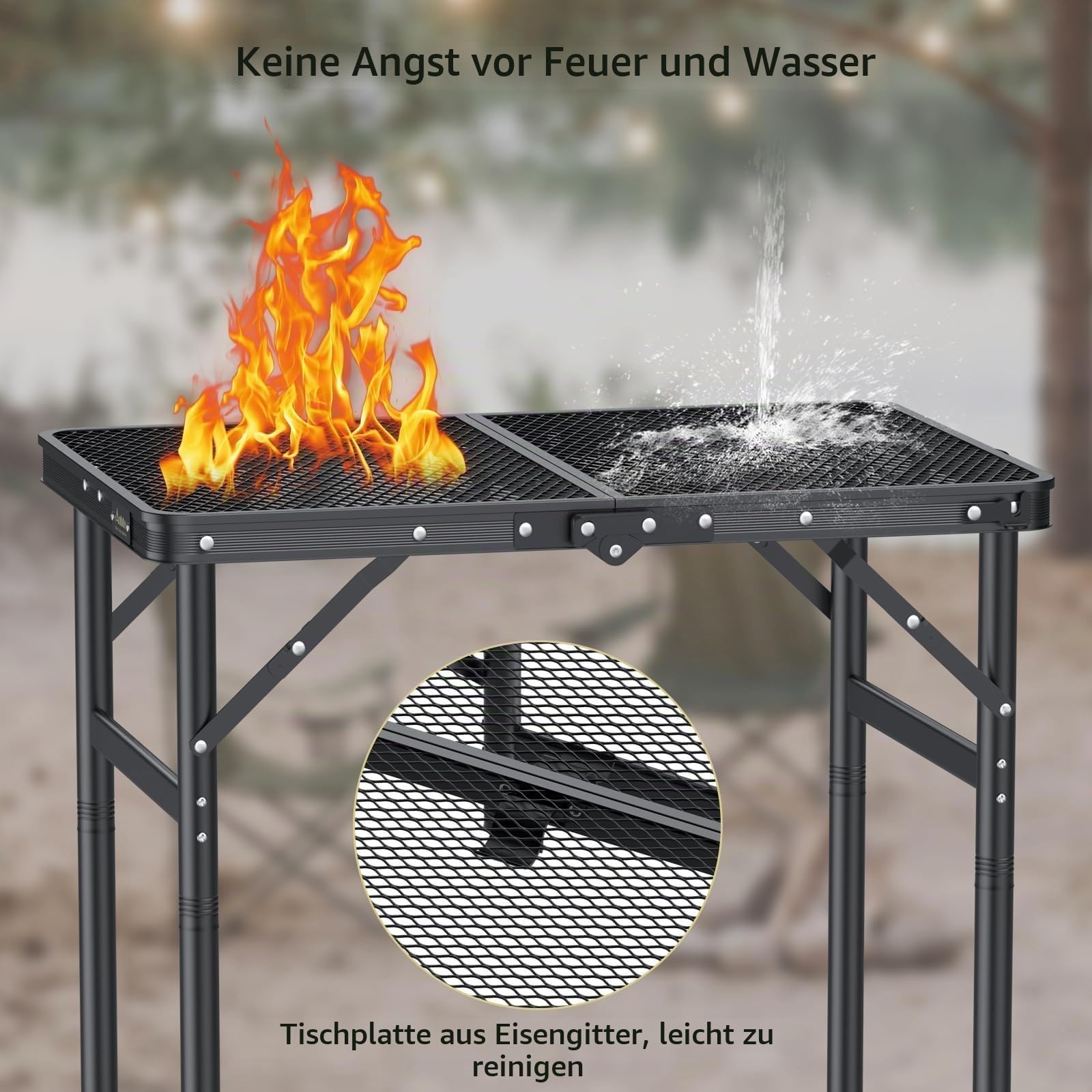Anbte Campingtisch Klapptisch 60x40cm Aluminium Rahmen mit 3 Verstellbare Höhe 27/51/74cm Grilltisch mit Metallgitter Tischplatte Leicht Tragbar Beistelltisch für Garten Strand Picknick (Schwarz)