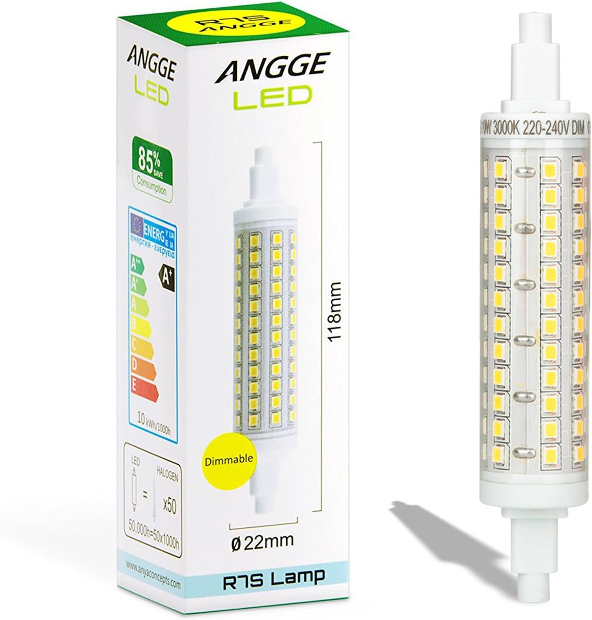 R7S 10W LED Bulb - ANGGE 10W R7S 118mm LED Dimmable Lamp 96 2835 SMD LEDs Bulb Warm White 3000K Replaces 100-150W Halogen Floodlight Spotlight Lamp [AC 220-240V,360 Degree Beam Angle] - (Warm White) [Energy Class A+]