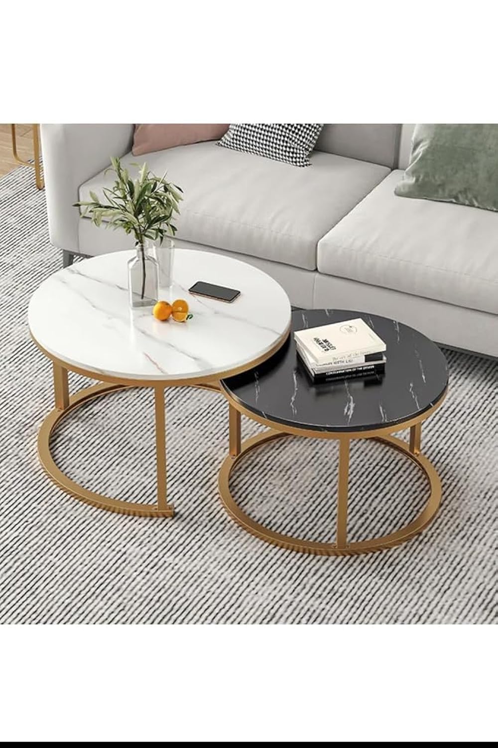 NKX 2 Round Coffee Table With Metal Frame (RCTABLE01), Marble & Black