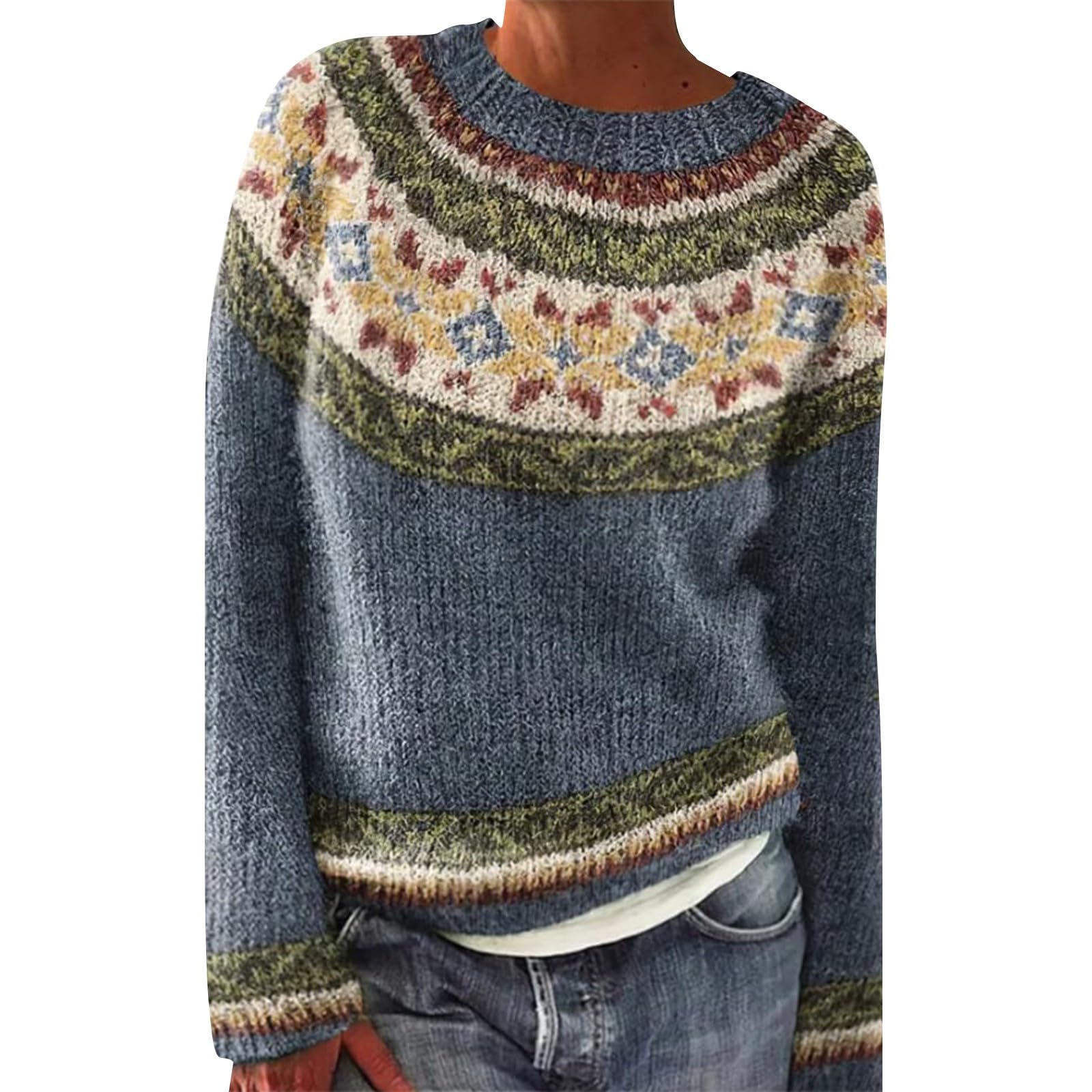 Fair Isle Sweater Women Knit Vintage Boho Argyle Crochet Cozy Long Sleeve Pullover Sweaters Fall Winter Outfits