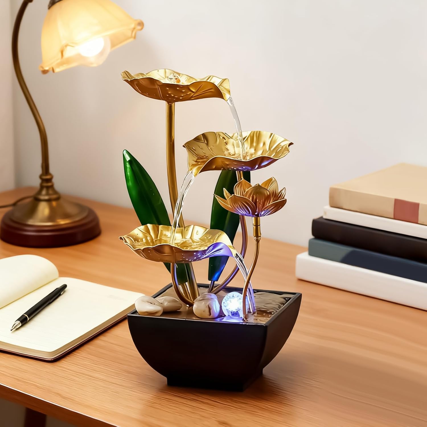 Desktop Water Fountain - Tabletop Fountain with LED Illumination and Relaxing Water Sounds for Zen Bedroom, Office, Hotel, Living Room, Aquarium Centerpiece, Stress Relief and Meditation Déco