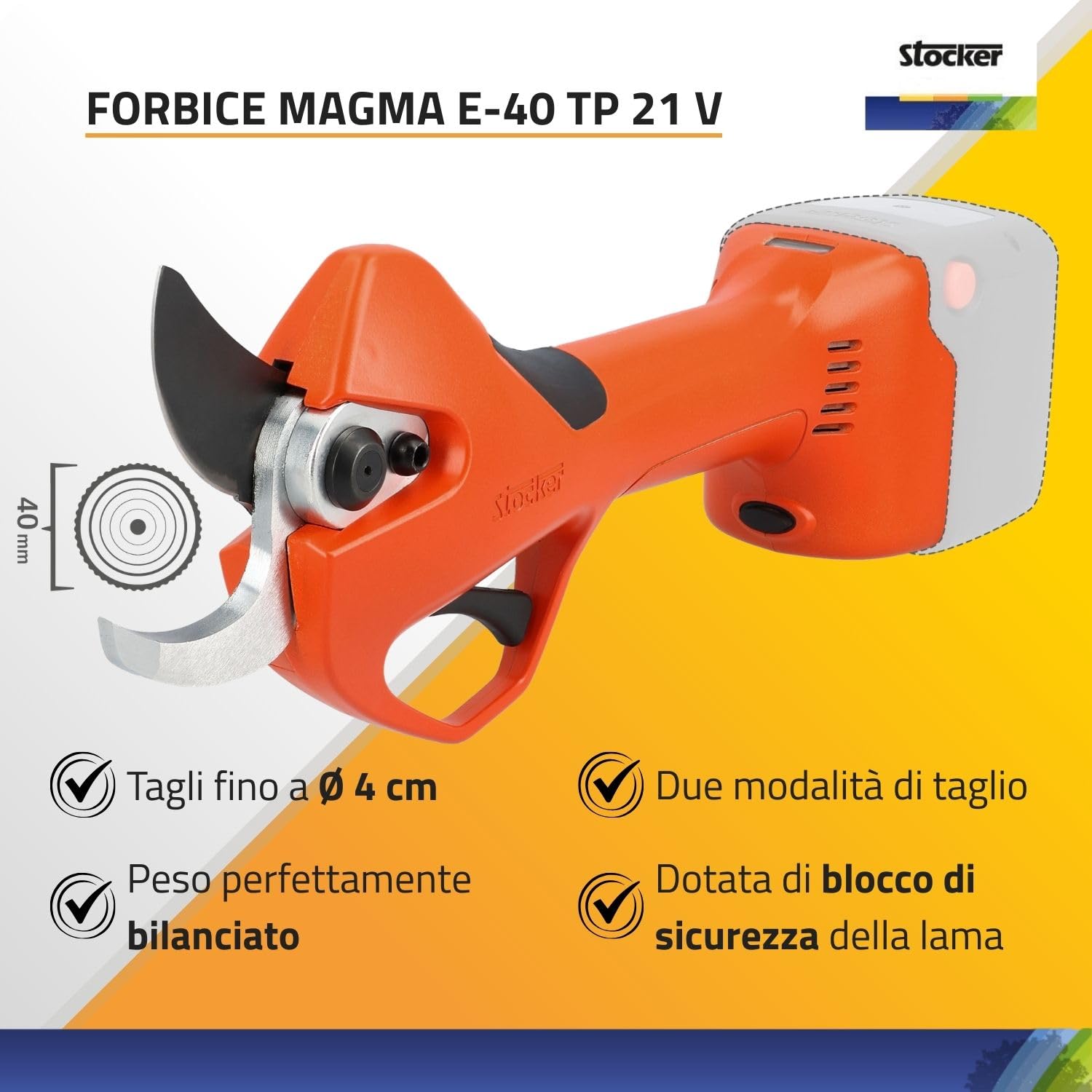 STOCKER - Kit Forbice Elettrica Magma E-40 TP con Batteria Fast Charge 21V 2,6Ah, Caricabatterie Doppio, Olio Spray 100 ml, Garanzia Estendibile fino a 60 mesi, kit potatura pronto uso