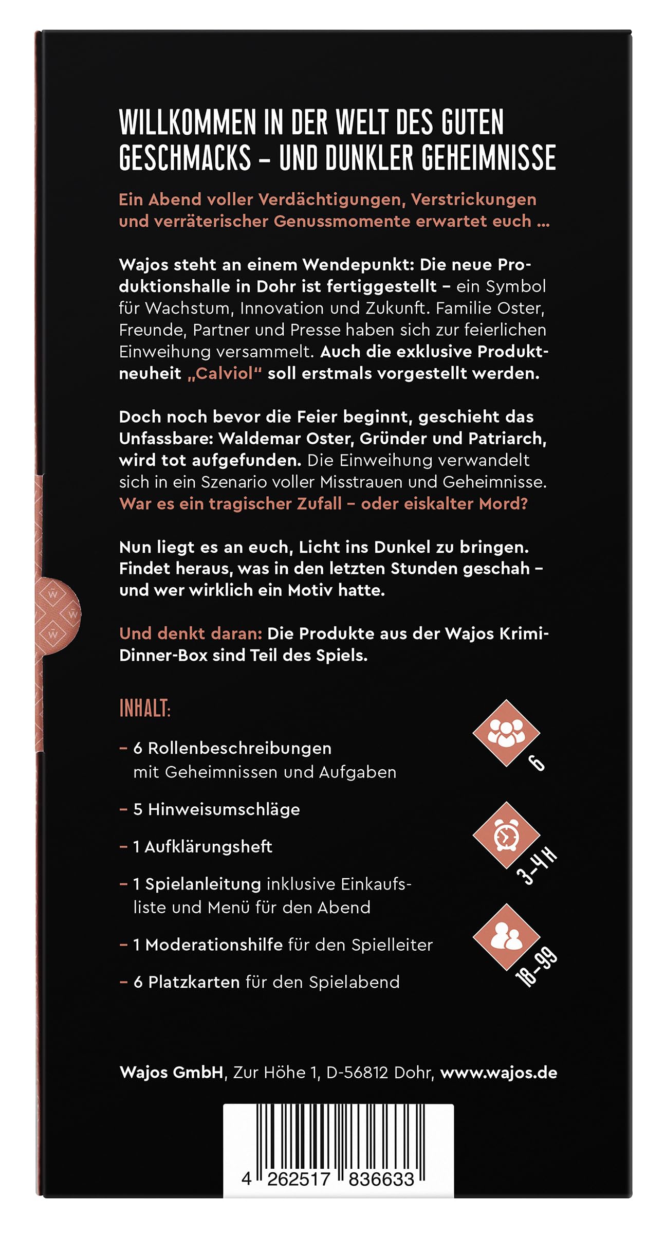 Krimi Dinner für zuhause: Wajos Krimi Dinner „Einweihung mit bitterem Nachgeschmack“ für 6 Personen inkl. Menü & 4 Feinkost-Produkten, Krimi Dinner Box für Genießer mit Spürsinn