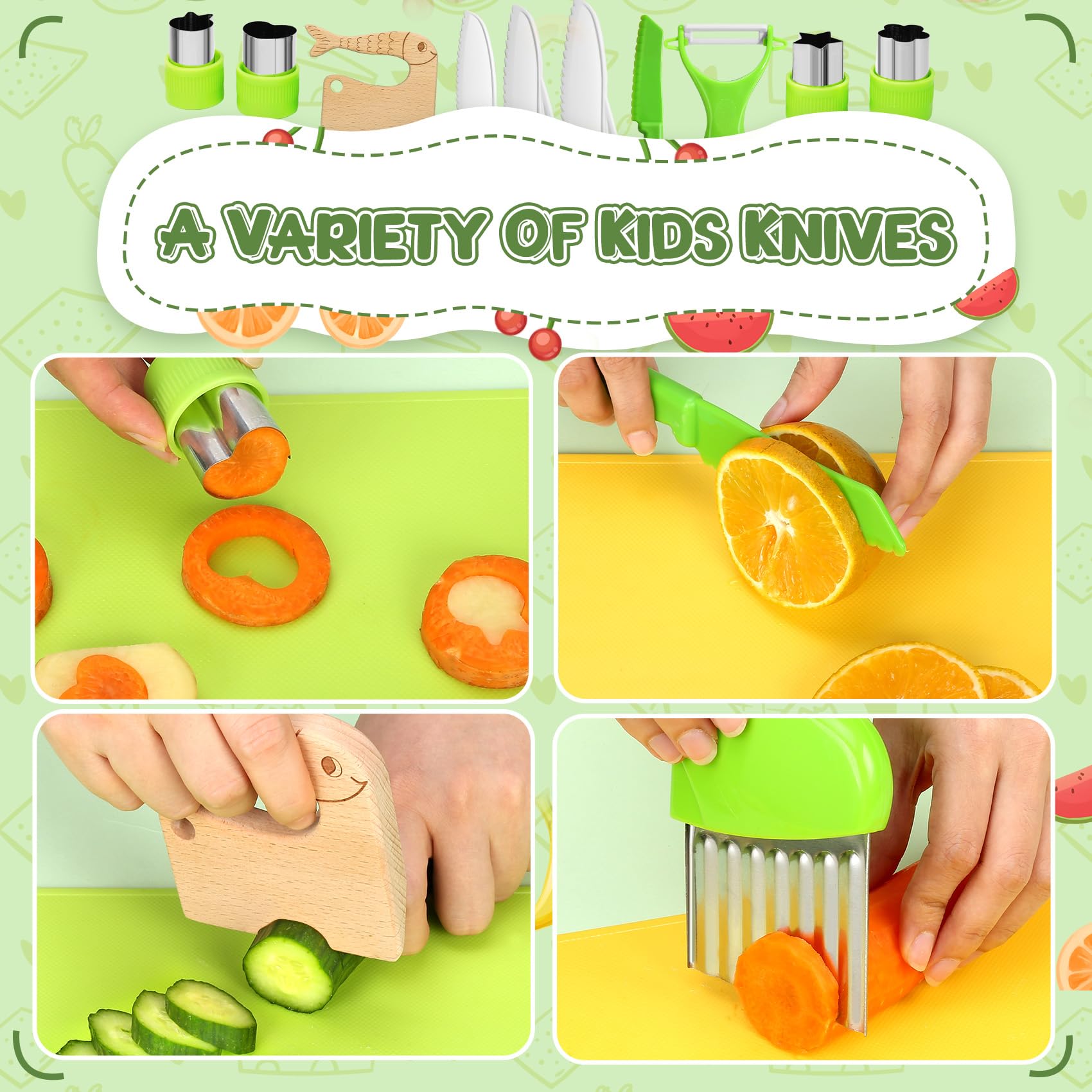 Kit Couteau de Cuisine pour Enfants, 18 Pièces Couteau Sécurité de Cuisine pour Enfants, Peut Etre Utilisé pour Couper et Cuisiner, Ustensile Cuisine Enfant à Partir de 2 ans