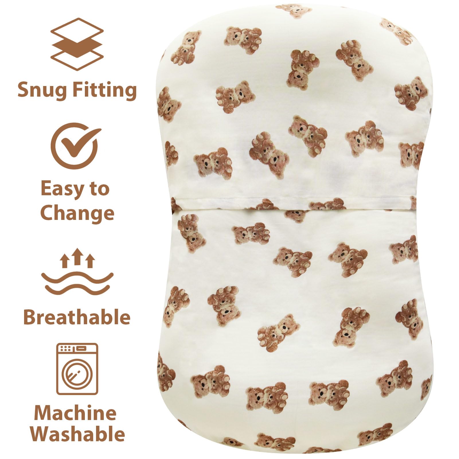 LifeTree Muslin Baby Lounger Cover, Newborn Slipcover Lounger Cover for Boys Girls Infant, Soft 70% Viscose from Bamboo and 30% Cotton, Cover Only, Bear Pattern