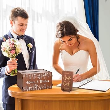 DERTE Wooden Rustic Wedding Guest Book Reception Sign with Pen and Holder