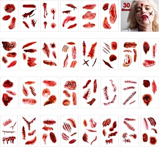 Scar Tattoos Temporary Halloween Makeup Tattoos Body Face Scar Realistic Temporary Zombie Tattoos Fake Bloody Wound for Halloween Cosplay Party Masquerade Costume Makeup Props (30 Sheets)