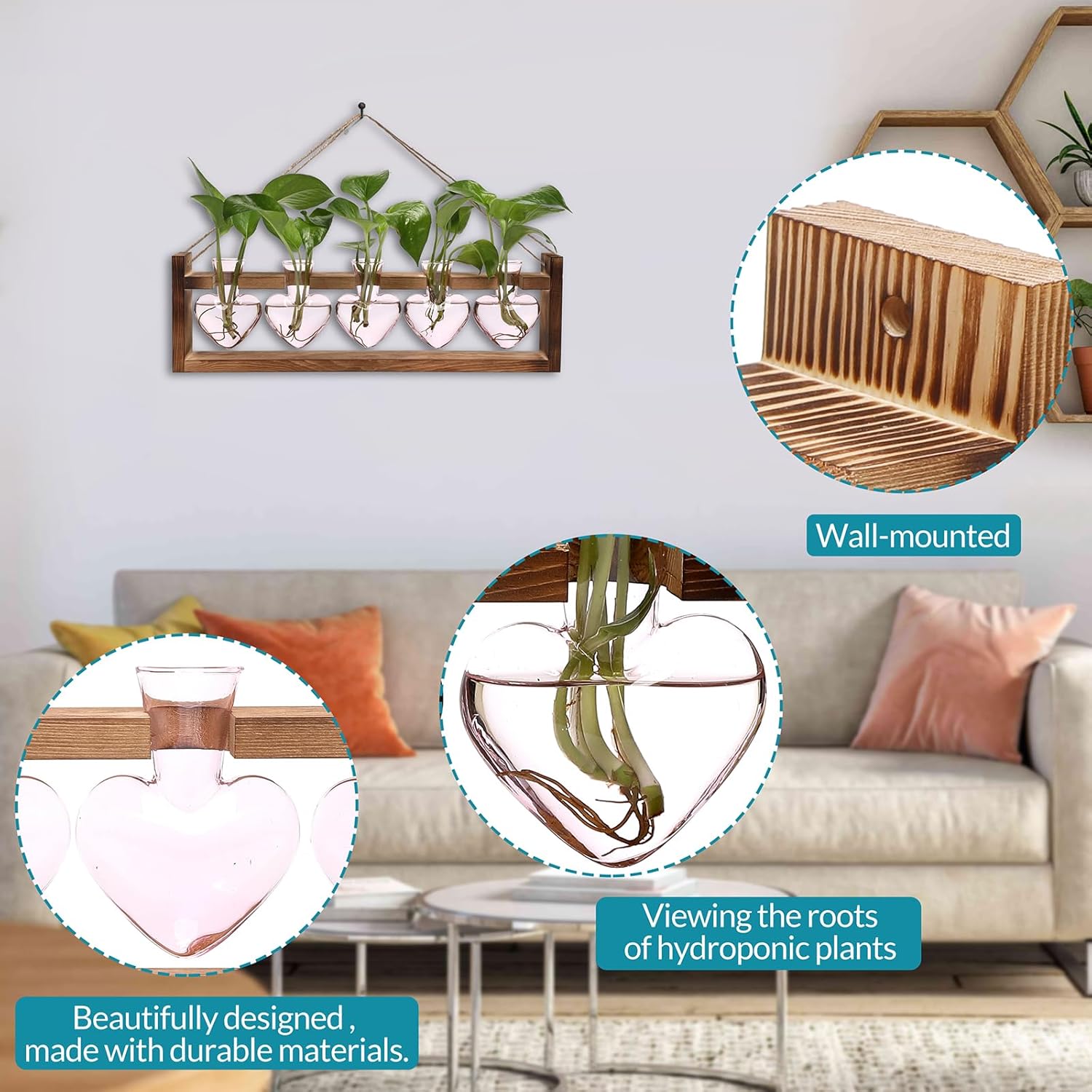 Plant Terrarium Hanging Propagation Stations Gift for Women Air Plants Holder with Wooden Stand Heart Glass - Image 4