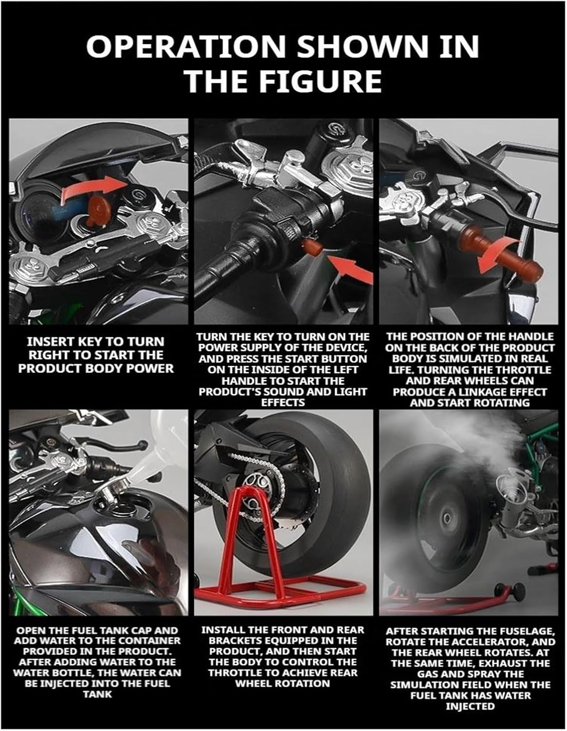 Mini Simulation Motorcycle Toys 1:6 for Kawasaki H2R Bootable Sprayable Dynamic Alloy Metal Motorcycle Model Sound Light Collectibles Hobbies Adult for Boys(Black)