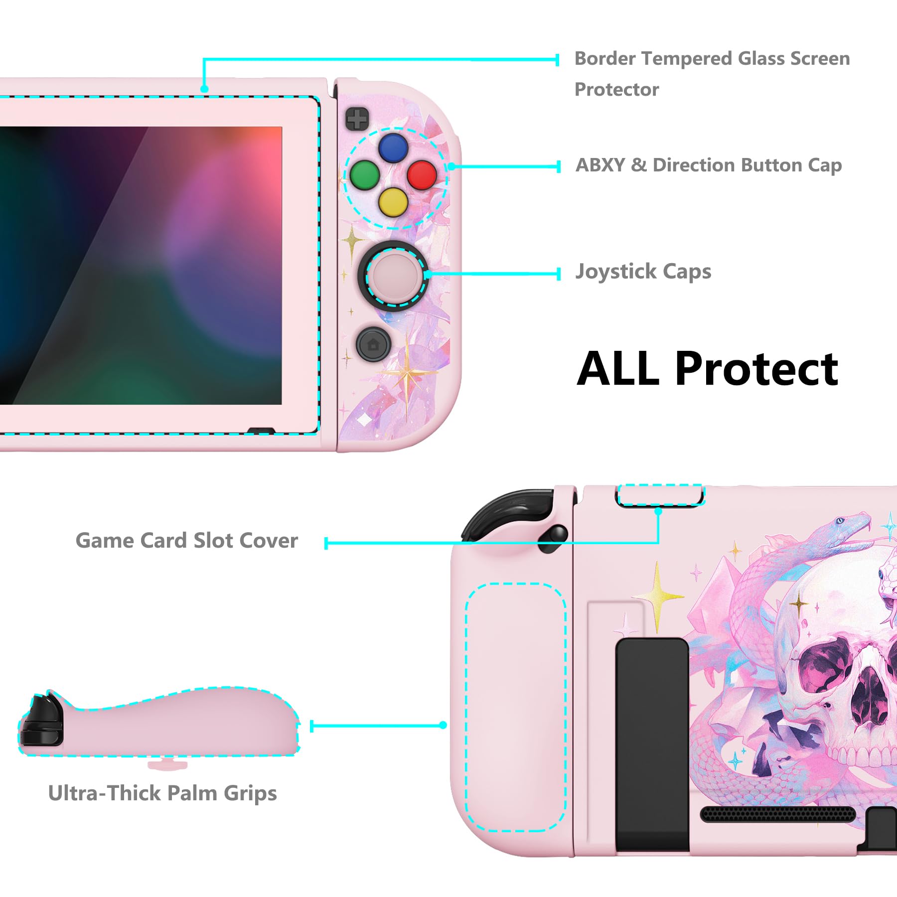 playvital ZealProtect - Custodia protettiva morbida per Nintendo Switch, con pellicola protettiva in vetro temperato, impugnature per pollice e tappi per pulsanti ABXY Direction, motivo celeste