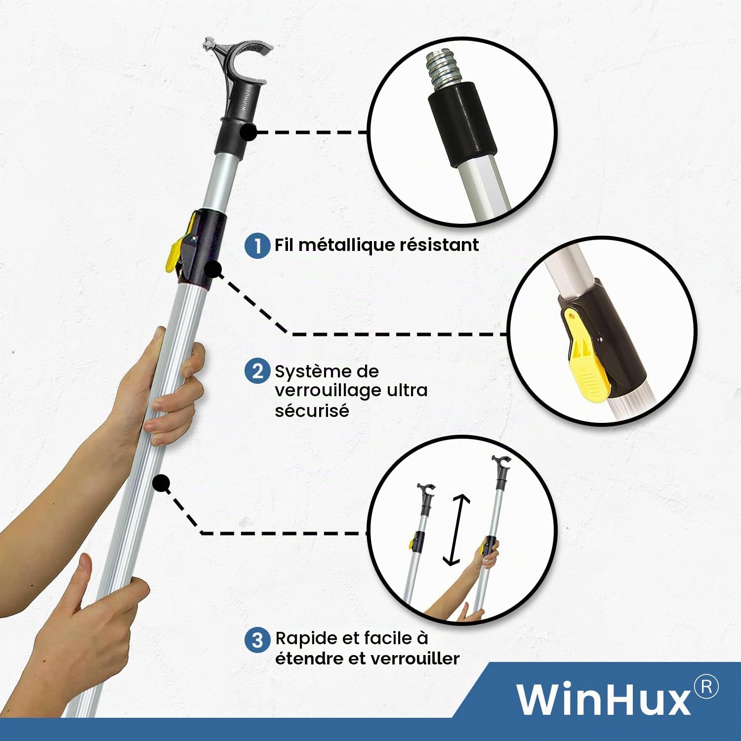 WinHux Perche Télescopique 1,2-2,0 m Verrouillage Bouton — Ouvre-Fenêtre de Toit, Crochet Antidérapant, Commande de Store, Compatible avec Velux Keylite Fakro Rooflite