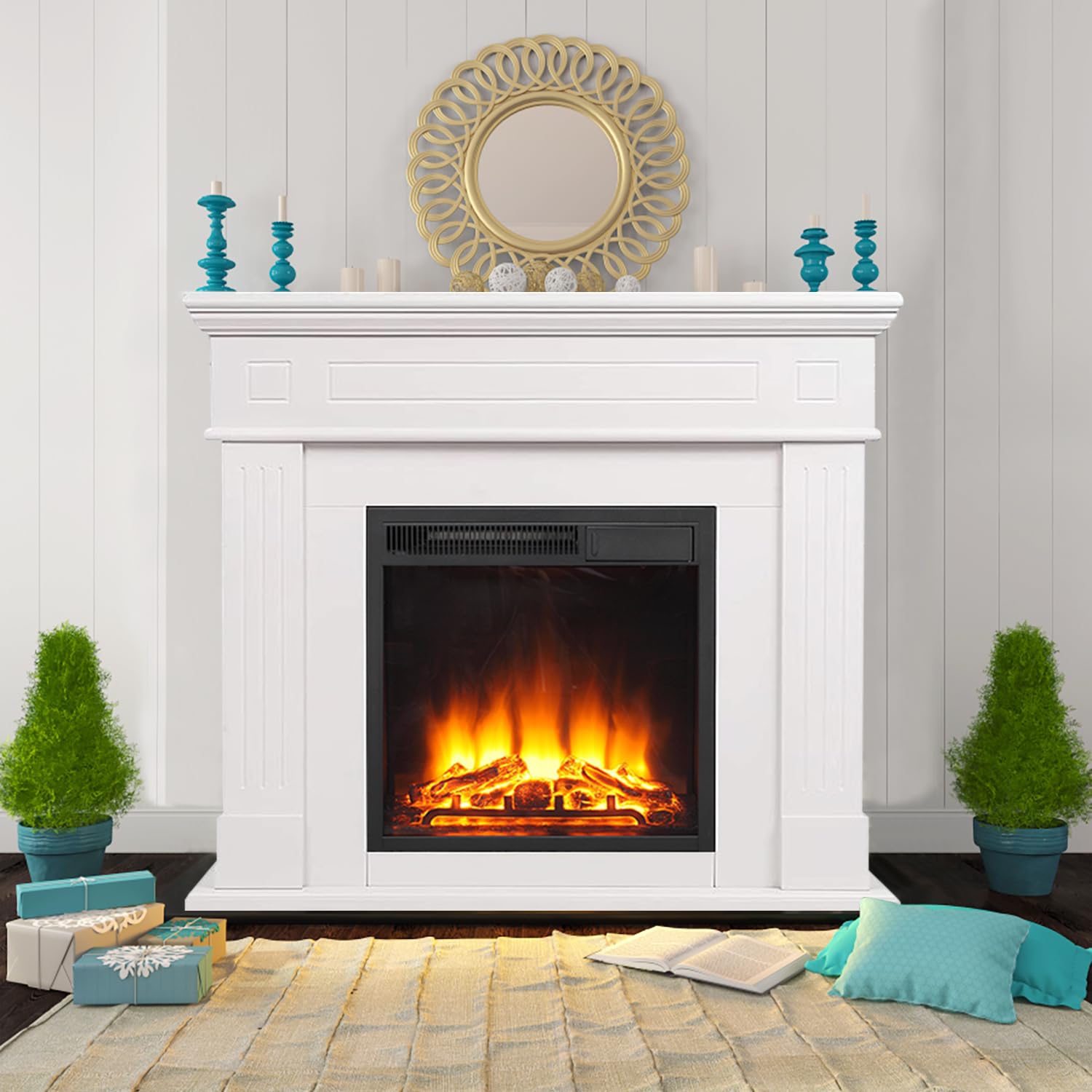 Amazon.com: Electric Fireplace with Mantel, Tall Fire Place Heater  Freestanding with Remote Control LED Flame for Living Room Bedroom, White :  Home u0026 Kitchen
