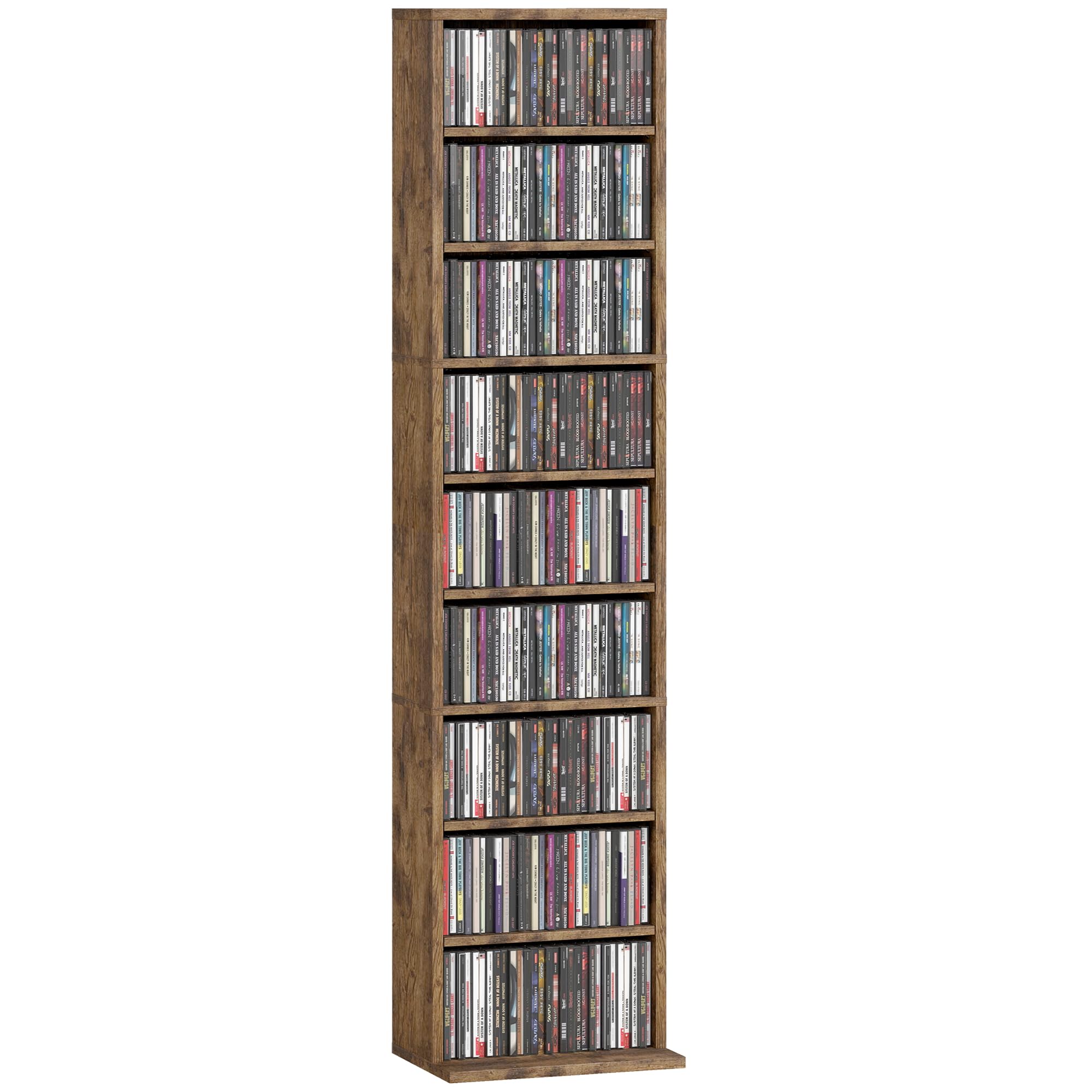 HOMCOM 260 CD/120 DVD Storage Unit with 9 Compartments, Rustic Brown | Blu-ray Media Storage Shelf, 6 Adjustable Shelves, CD Tower, Living Room, Bedroom, Office