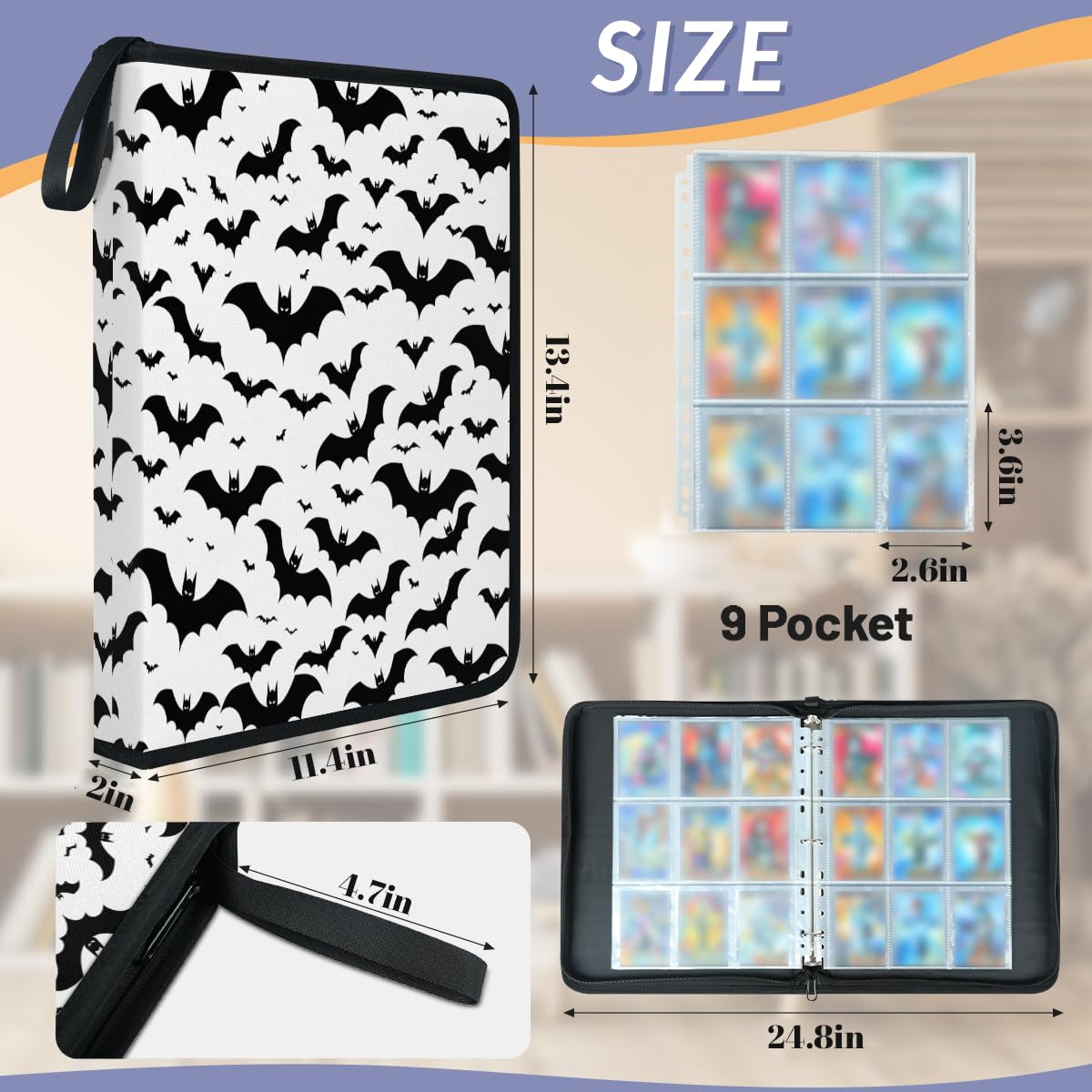 Raccoglitore per carte collezionabili con 9 tasche per Halloween con pipistrello, in bianco e nero, con sagoma di pipistrello, con maniche rimovibili, impermeabile, con cerniera, 50 pagine, capacità