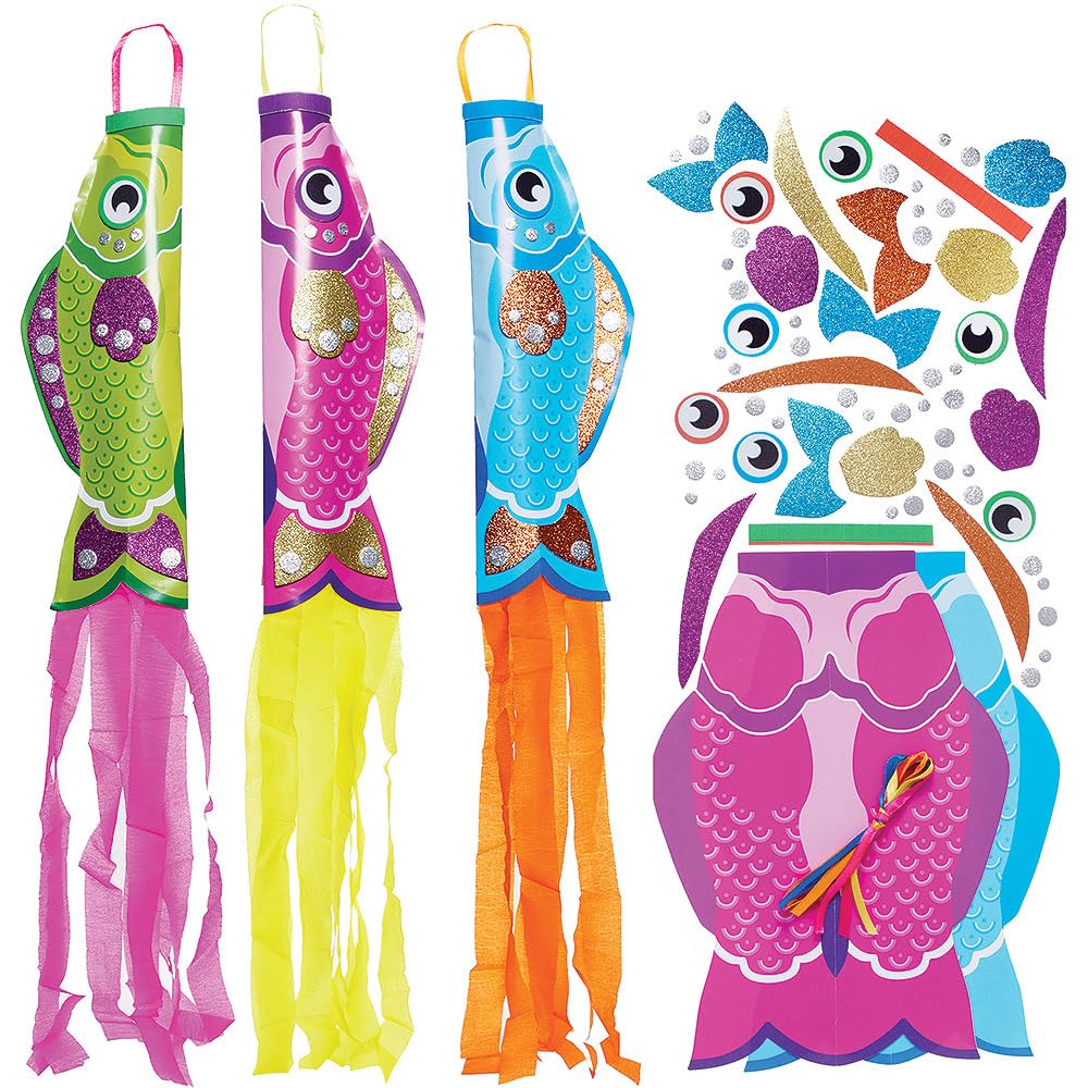 Baker Ross VC101 Fish Hanging Windsock Decoration Kits - Pack of 4, Colourful Fish Windsock Crafts