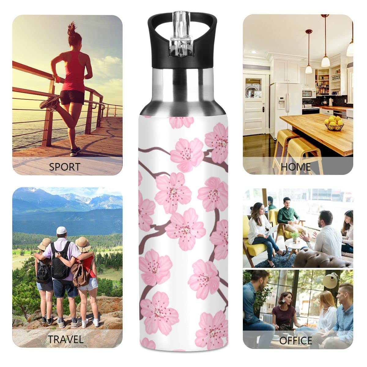 Edelstahl-Wasserflasche mit Strohhalm, blühende rosa Sakura Frühling isolierte Trinkflasche Sport Wasserflasche für Kinder Erwachsene, auslaufsicher, 1L