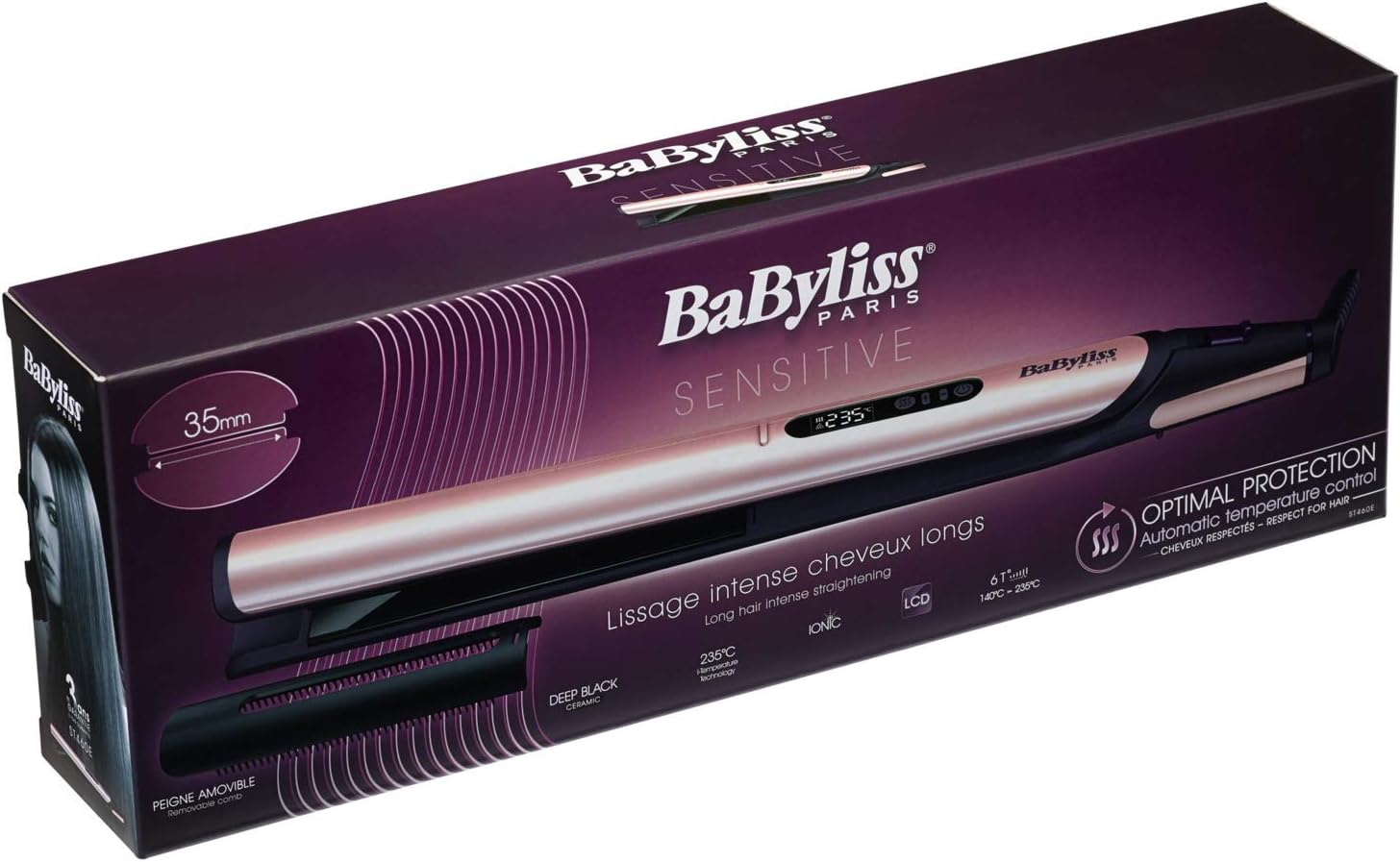 BaByliss Babst460Sde Hair Straightener 35Mm With Comb, Black/Purple