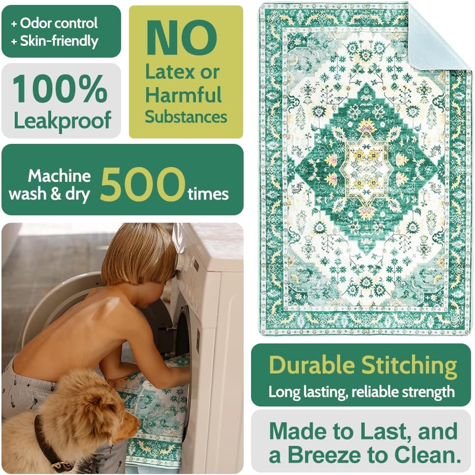 Washable Pee Pads for Dogs 2 Pack Reusable Puppy Training Pads 48"x48" Super Absorbent Waterproof Dog Training Pads, Non-Slip Potty Pads Whelping Pads Litter Mat Pet Supplies - Green Medallion