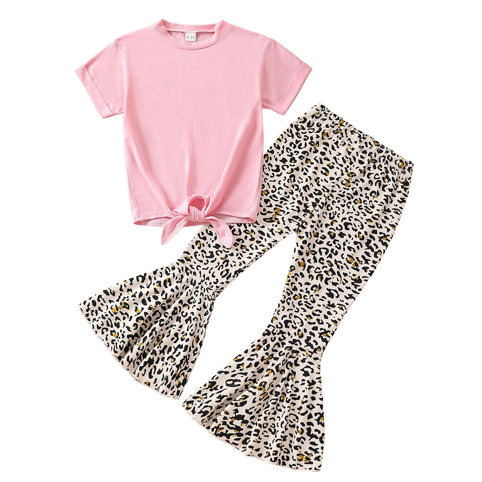 Ayzozuy Conjunto de ropa de verano de 2 piezas con estampado de letras y pantalones acampanados con estampado de leopardo