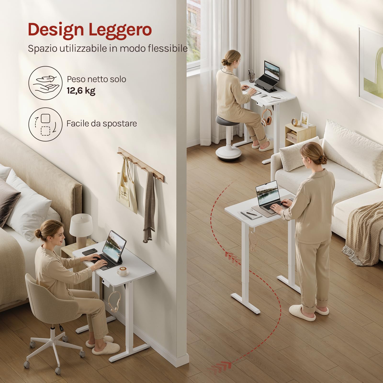 WOLTU Scrivania Elettrica Regolabile in Altezza 72-118 cm, con 3 Memorie e 2 Ganci – Bianco, Silenziosa, Capacità di Carico 80 kg – per Ufficio, Casa, Gaming e Studio, 80x48 cm