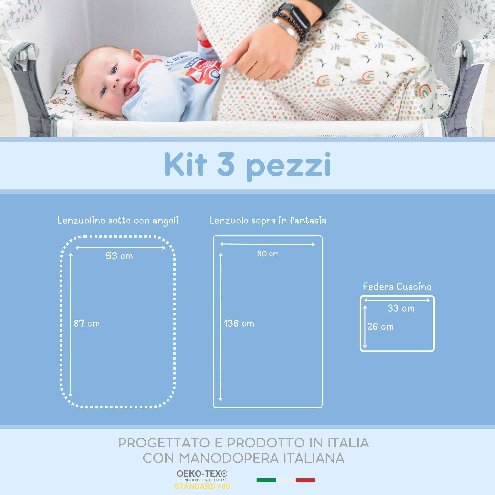 baby idea Lenzuola Next To Me 3 Pezzi Compatibili Culla Neonato 83x50 Lenzuola culla Fantasia + Sotto con Angoli + Federa Cuscino 100% Cotone Certificato Oeko Tex Made in Italy (Stellina Rosa 3 Pz)