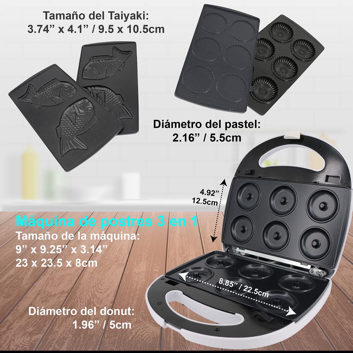 StarBlue - Máquina para hacer minidonas, minitartas y quiches, perfecta para cocinar taiyakis y postres, con 3 placas desmontables, blanco, CA 220-240 V, 50/60 Hz y 700-800 W