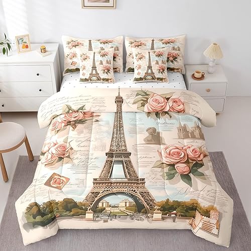 Castle Fairy Romantic Paris Kids 7 Pieces Comforter Set Queen Size,Vintage Eiffe