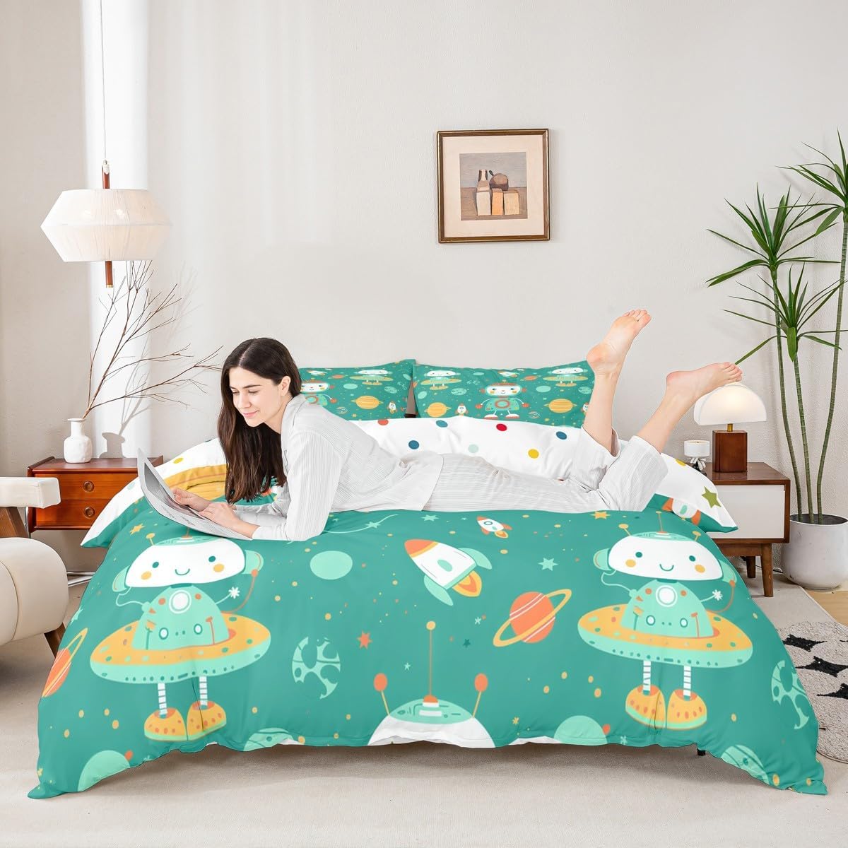 Kawaii Robot Duvet Cover Set Toddler Size Universe Spacecraft Rocket Comforter Cover Cartoon Sci-Fi Robots Bedding Set 2pcs for Kids Starry Galaxy Planet Bedspread Cover,Comforter Not Included