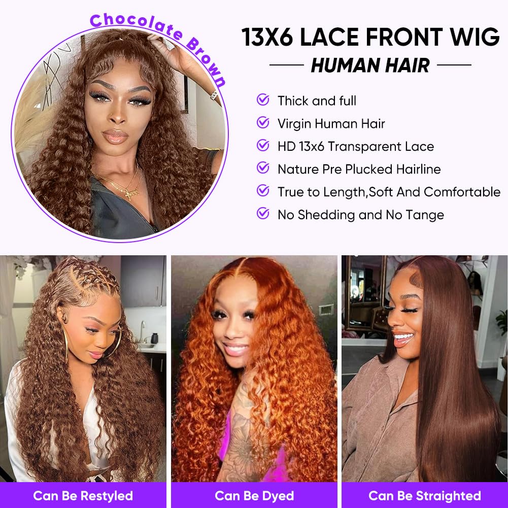 Chocolate Brown Human Hair Wig 13x6 HD Deep Wave Lace Front Wigs Human Hair Glueless Wigs Human Hair Pre Plucked Pre cut 4# Colored Deep Curly Lace Frontal Wigs for Women 34 Inch