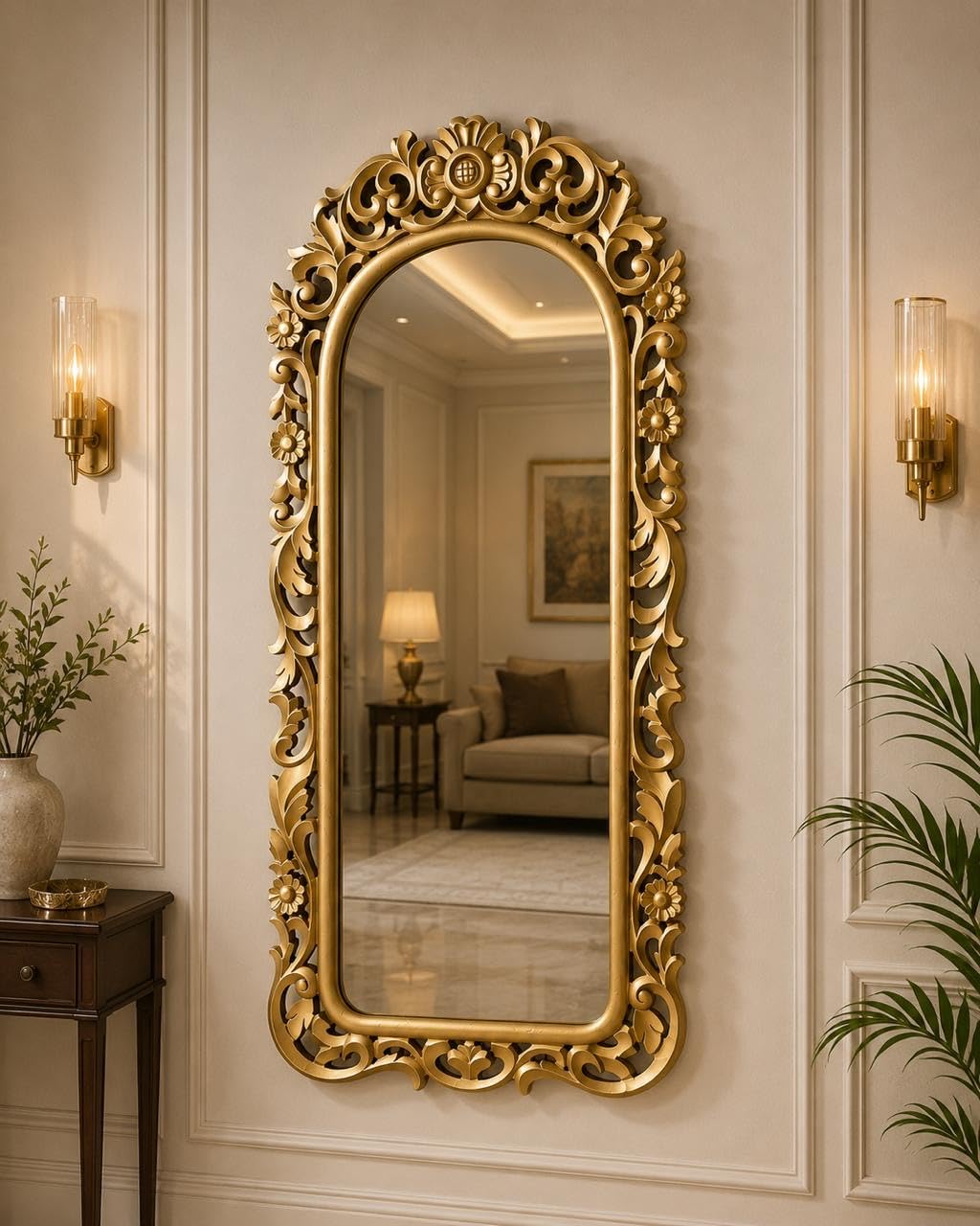 Wooden Hand-Carved Mirror Frame, Full Length, Taj Look Design, Antique Gold, Wall Mounted, Without Mirror for Bedroom Home Decor| Living Room | Wall Hanging-image-37
