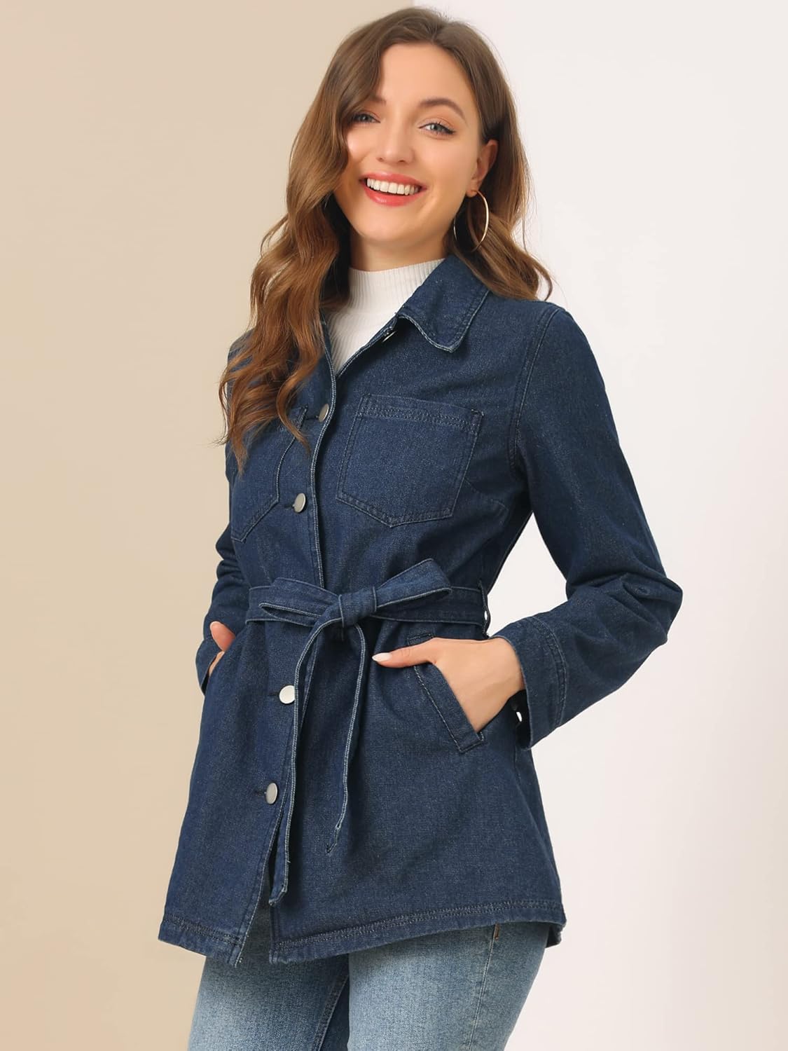 Allegra K Women's Casual Jean Jackets Long Sleeves Tie Waist Button Down Denim Jacket - Image 2