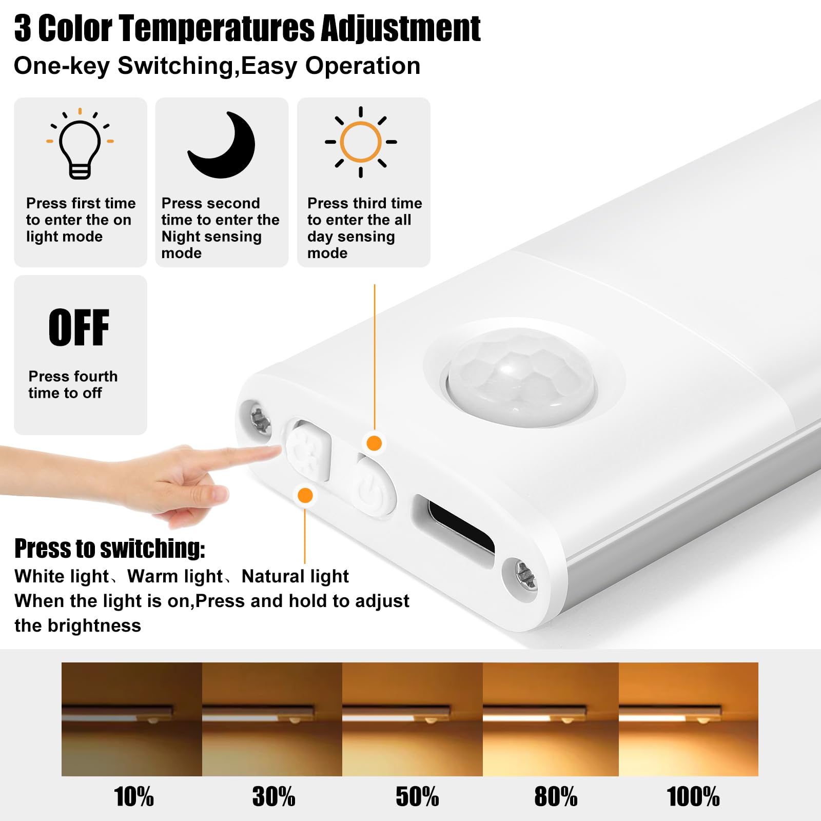 PEN&H 2Pack Under Cabinet Lights,Motion Sensor Light Indoor,3 Color Temperatures Dimmable Closet Lights for Counter,Kitchen,Bedroom,Stairs Lighting - Silver