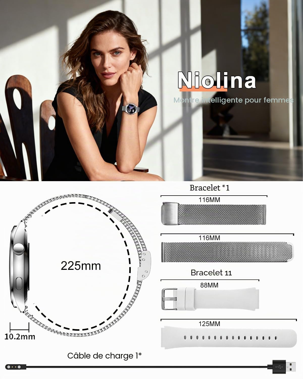 Montre Connectée Femme avec Appel Bluetooth, 1,27" Smartwatch avec Fonction Féminine/120+ Modes Sport/Fréquence Cardiaque/Sommeil/SpO2 Montre Connectée IP68 Podomètre Calories Android iOS Argent