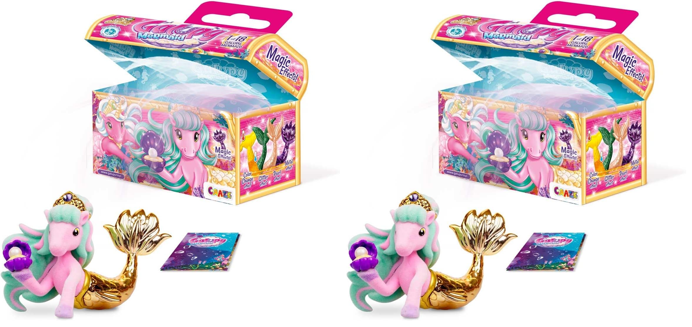 GALUPY Mermaid - 1x Einhorn Figur mit Meerjungfrauenflosse in Einer Schatztruhe, 18 Verschiedene Einhorn Figuren zum Sammeln - Einhorn Spielzeug mit Swarovski Kristall (Packung mit 2)