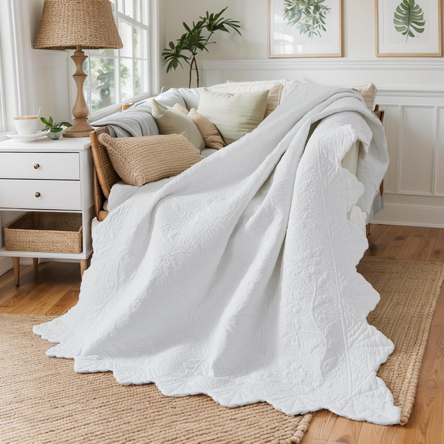 Brandream Premium Cotton Quilted Throw Blanket 47x60 Inch, Bright White Floral Vine Stitching with Elegant Scalloped Edge, Decorative Sofa Throw