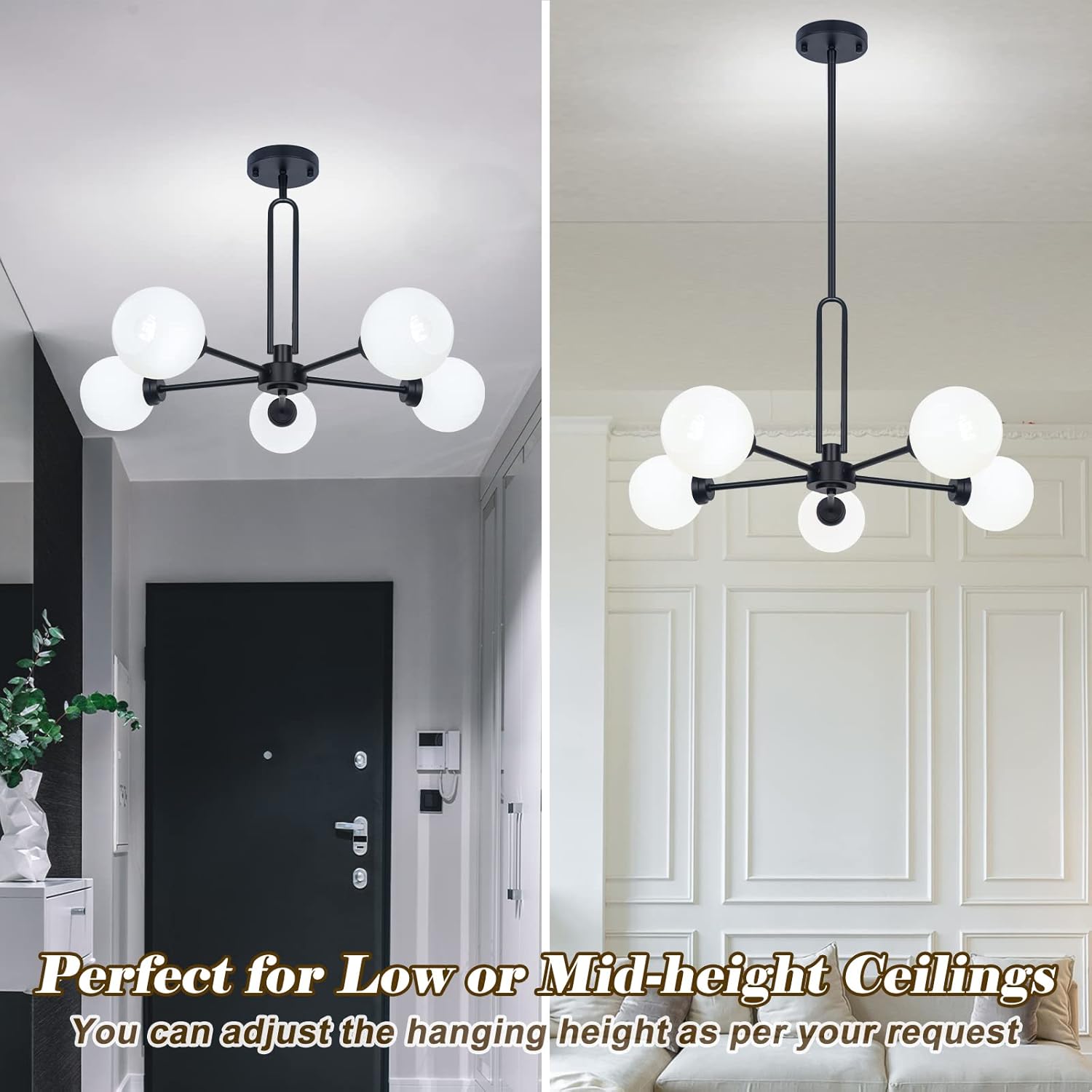 Modern 5-Light Globe Sputnik Chandelier - Large Semi-Flush Dining Room Light, Black Glass Pendant for Kitchen, Living Room, Bedroom, Farmhouse