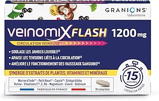 GRANIONS | VEINOMIX FLASH | Hémorroïdes, circulation veineuse, jambes lourdes | Libération Flash 15 min | Marronnier d'Inde + Petit Houx + Ginkgo Biloba + Cassis | 30 comprimés